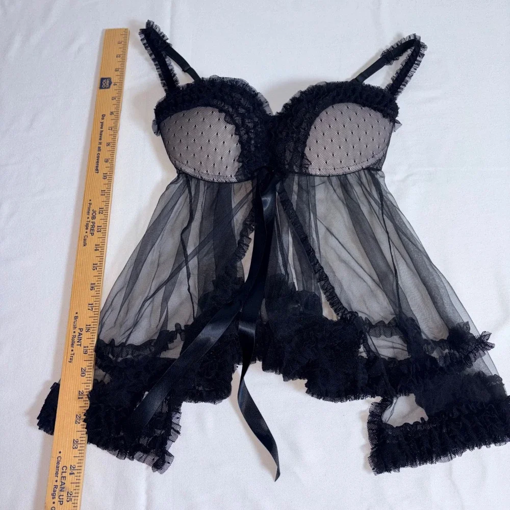 Victoria's Secret Babydoll Lingerie 34D Black Excellent Mesh Lace Ruffle Trim